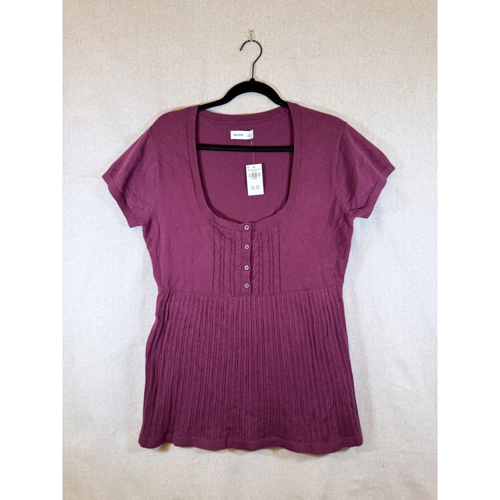 Hollister Womens XL Plum Purple Babydoll Knit Top Short Sleeve Henley Ribbed NWT